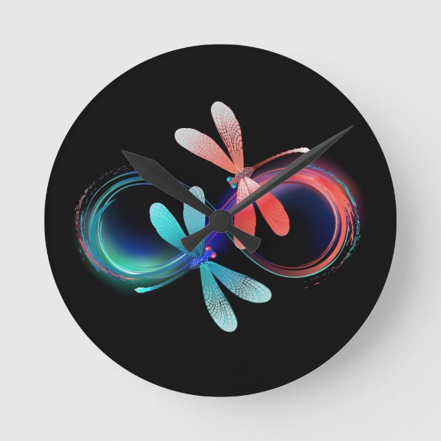 Infinity with glowing dragonflies round clock (Front)