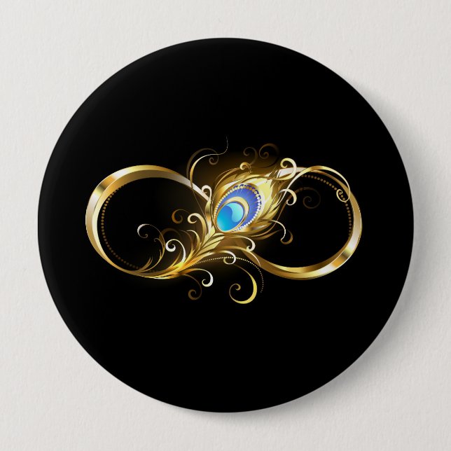 Infinity with Golden Peacock Feather 10 Cm Round Badge (Front)