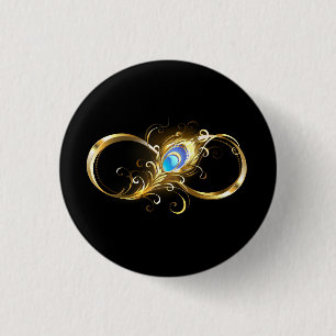 Infinity with Golden Peacock Feather 3 Cm Round Badge