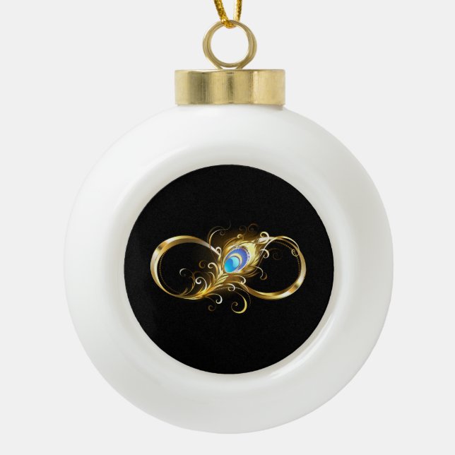 Infinity with Golden Peacock Feather Ceramic Ball Christmas Ornament (Front)