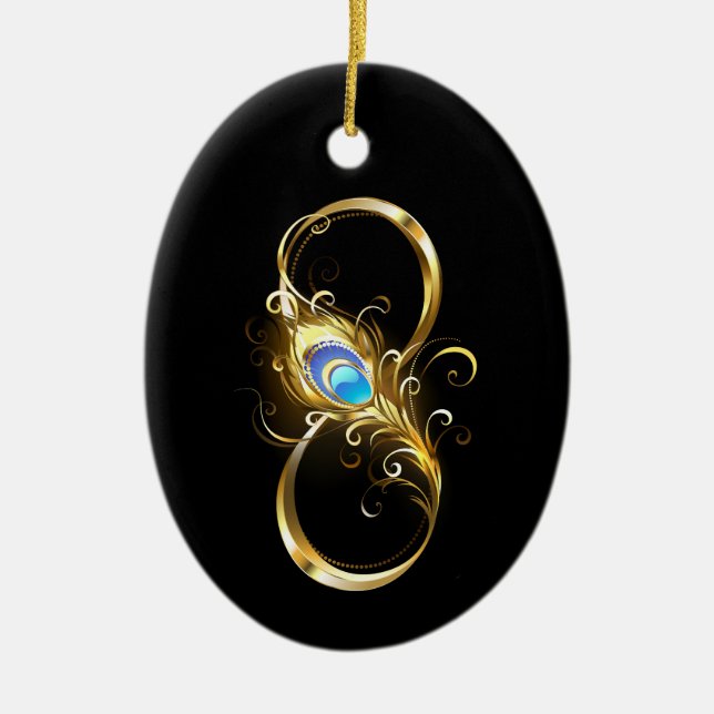 Infinity with Golden Peacock Feather Ceramic Tree Decoration (Front)