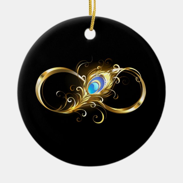 Infinity with Golden Peacock Feather Ceramic Tree Decoration (Front)