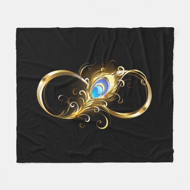 Infinity with Golden Peacock Feather Fleece Blanket (Front (Horizontal))