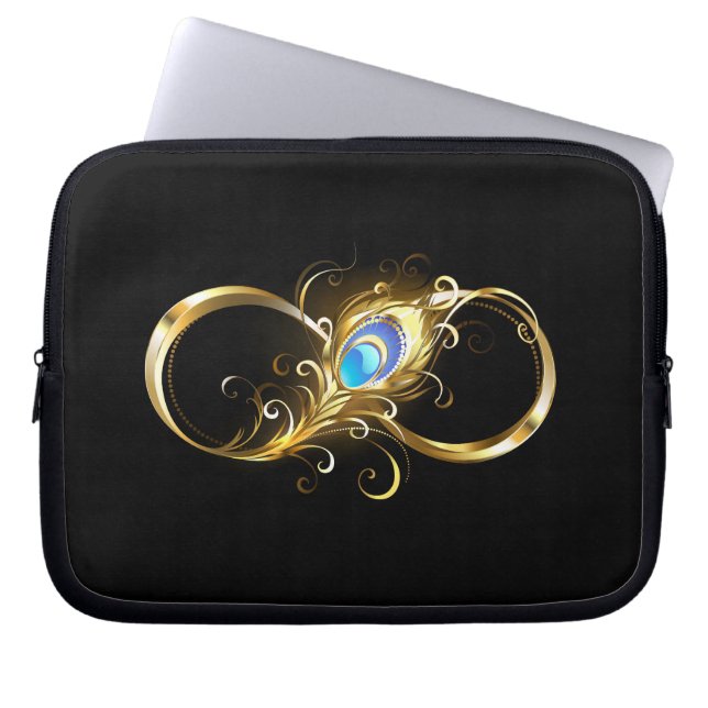 Infinity with Golden Peacock Feather Laptop Sleeve (Front)