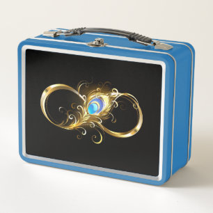 Infinity with Golden Peacock Feather Metal Lunch Box