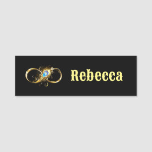Infinity with Golden Peacock Feather Name Tag