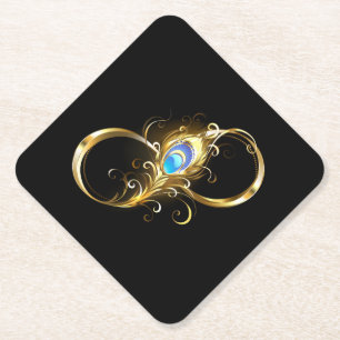 Infinity with Golden Peacock Feather Paper Coaster