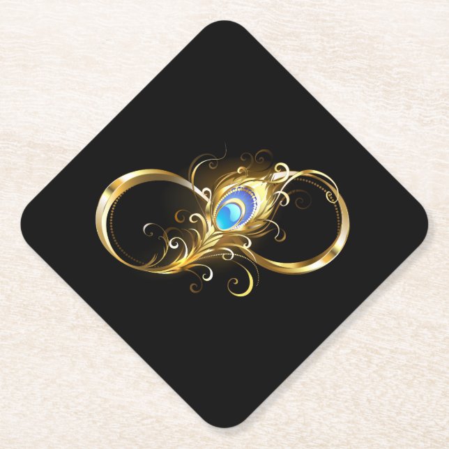Infinity with Golden Peacock Feather Paper Coaster (Front)