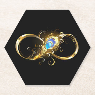Infinity with Golden Peacock Feather Paper Coaster
