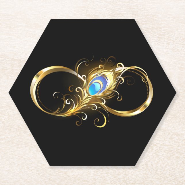 Infinity with Golden Peacock Feather Paper Coaster (Front)