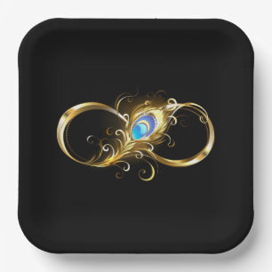 Infinity with Golden Peacock Feather Paper Plate