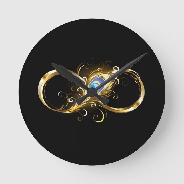 Infinity with Golden Peacock Feather Round Clock (Front)