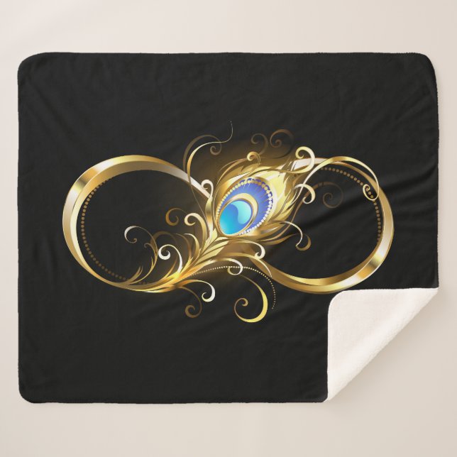 Infinity with Golden Peacock Feather Sherpa Blanket (Front (Horizontal))