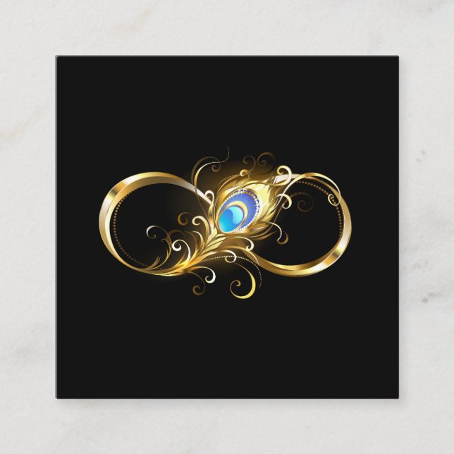 Infinity with Golden Peacock Feather Square Business Card (Front)