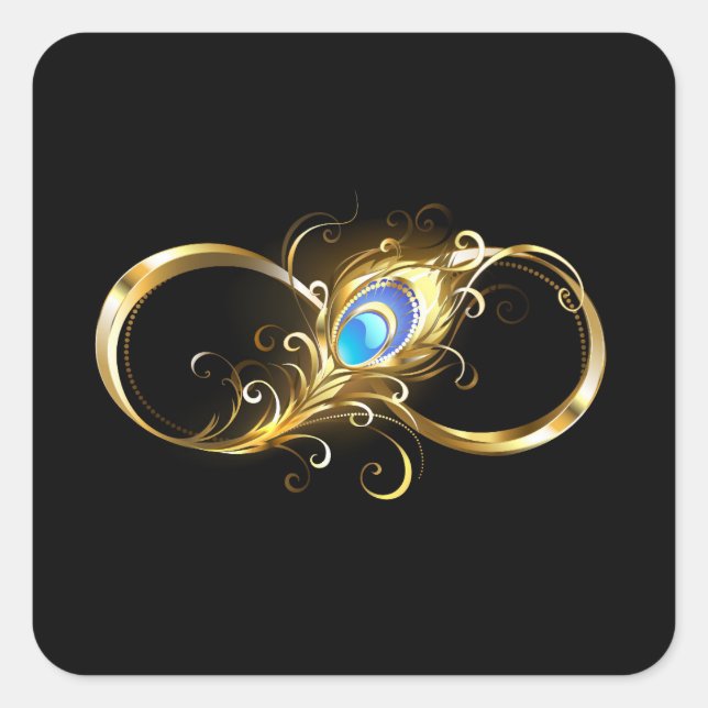 Infinity with Golden Peacock Feather Square Sticker (Front)