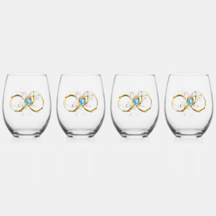 Infinity with Golden Peacock Feather Stemless Wine Glass