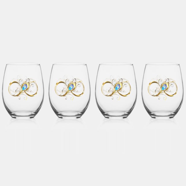 Infinity with Golden Peacock Feather Stemless Wine Glass (Front)