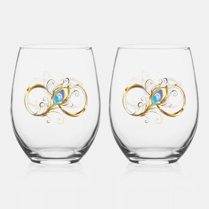 Infinity with Golden Peacock Feather Stemless Wine Glass
