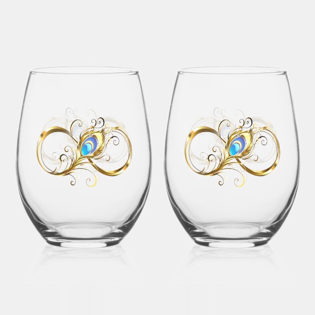 Infinity with Golden Peacock Feather Stemless Wine Glass (Front)