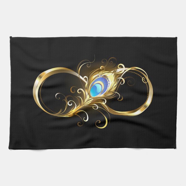 Infinity with Golden Peacock Feather Tea Towel (Horizontal)
