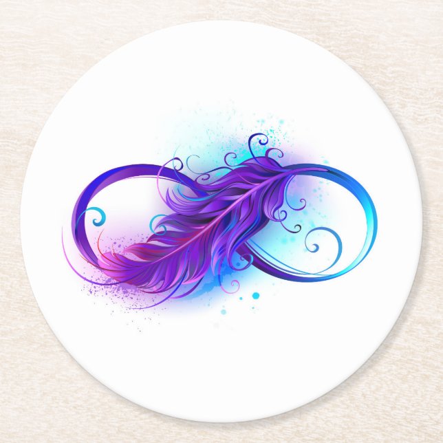 Infinity with Purple Feather Round Paper Coaster (Front)