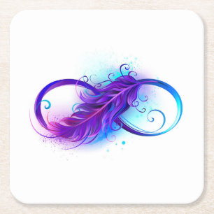 Infinity with Purple Feather Square Paper Coaster