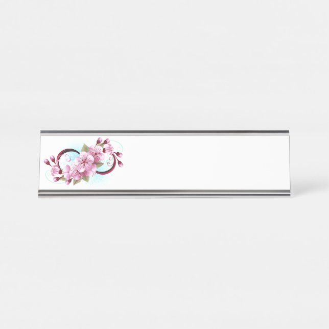Infinity with Sakura Blossom Flowers Desk Name Plate (Front)