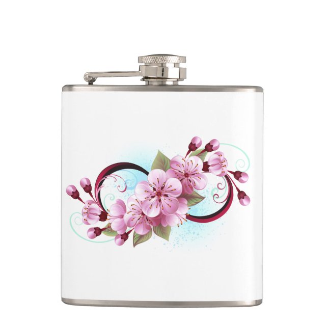 Infinity with Sakura Blossom Flowers Hip Flask (Front)
