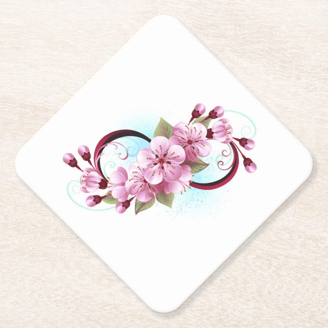 Infinity with Sakura Blossom Flowers Paper Coaster (Front)