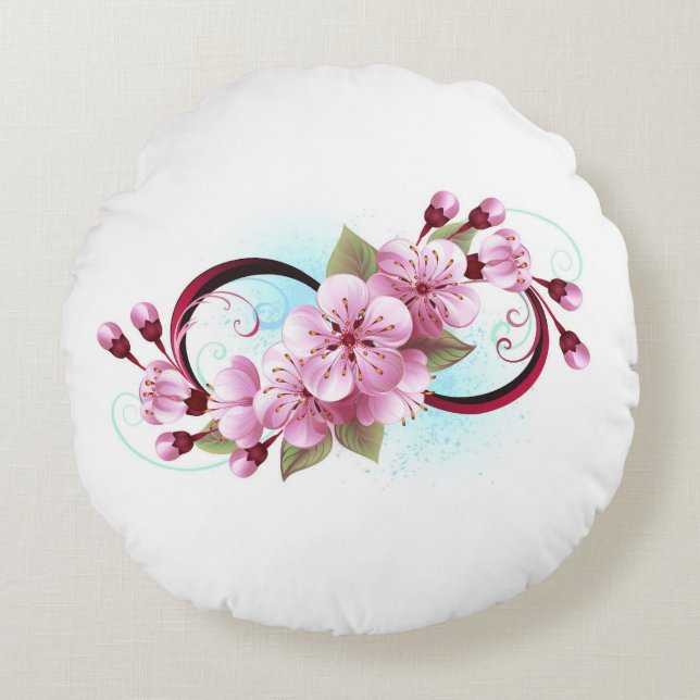 Infinity with Sakura Blossom Flowers Round Cushion (Front)