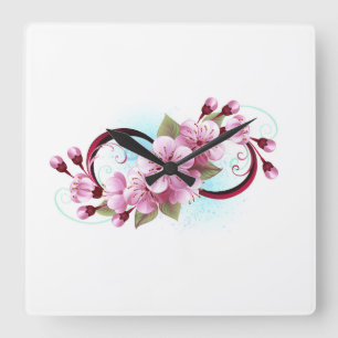 Infinity with Sakura Blossom Flowers Square Wall Clock