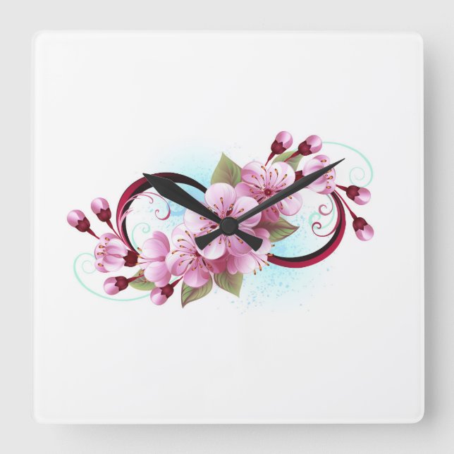 Infinity with Sakura Blossom Flowers Square Wall Clock (Front)