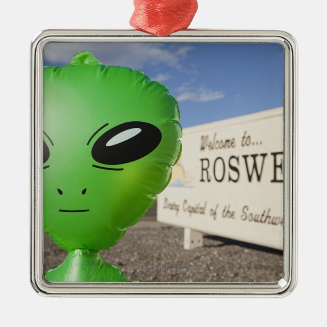 Inflatable alien with Welcome to Roswell sign in Metal Tree Decoration (Front)