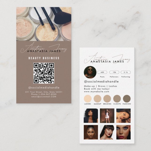 Influencer Aesthetician Social Media QR Code Beige Business Card (Front/Back)