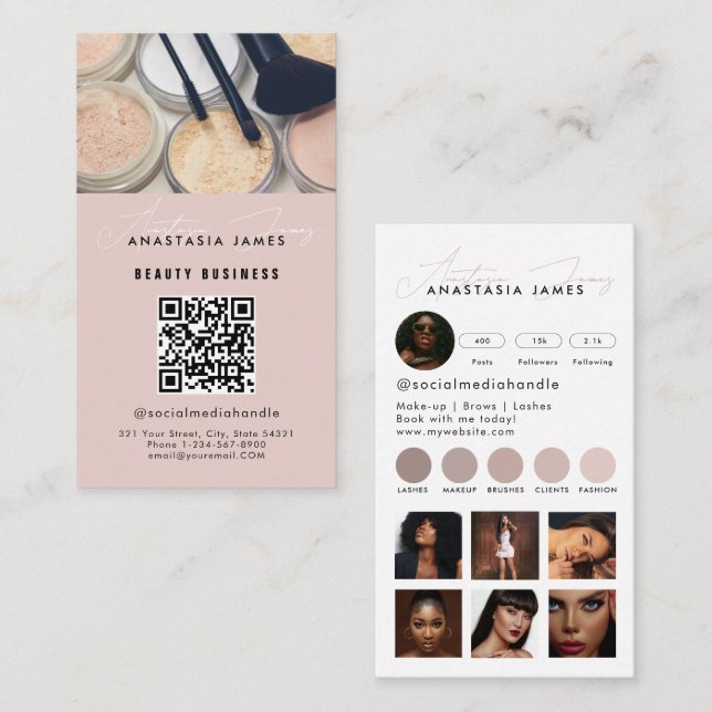 Influencer Aesthetician Social Media QR Code Pink Business Card (Front/Back)