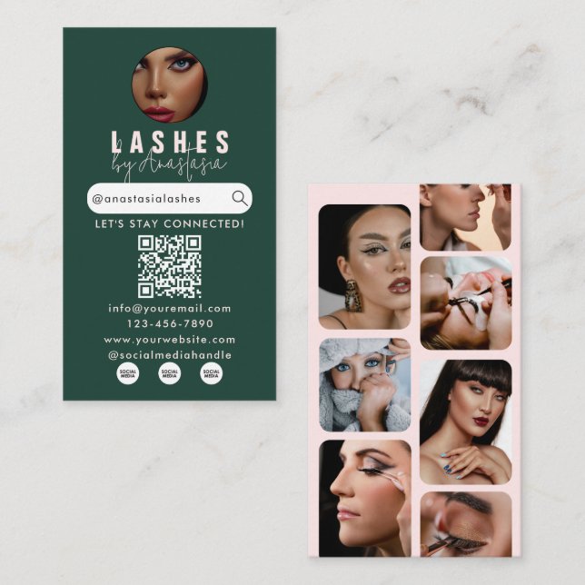 Influencer Beauty Salon Lashes Photos Green Pink  Business Card (Front/Back)