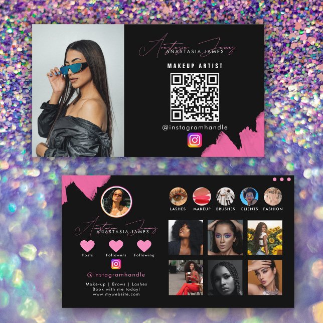 Influencer Black & Pink Social Media QR Code  Business Card (Influencer Black & Pink Social Media QR Code Business Card)