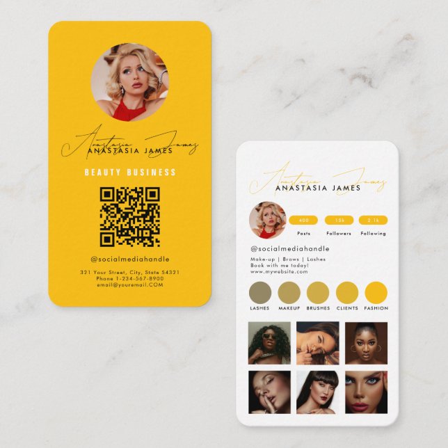 Influencer Feed Grid Social Media QR Code Yellow Business Card (Front/Back)
