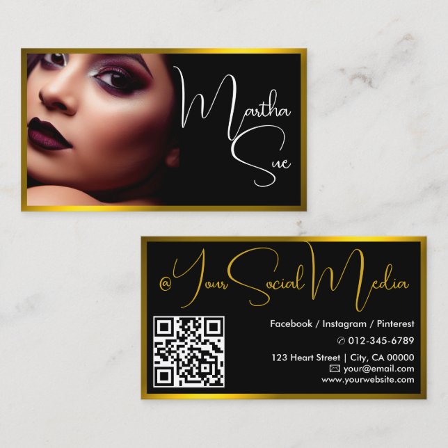 Influencer Model Yellow Gold Black Photo QR-Code Business Card (Front/Back)