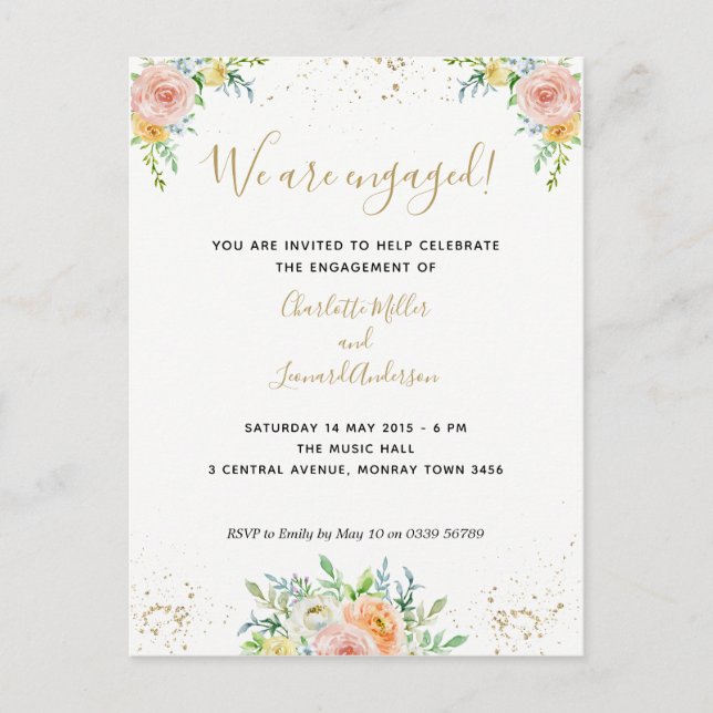 Informal floral engagement party invitation postcard (Front)