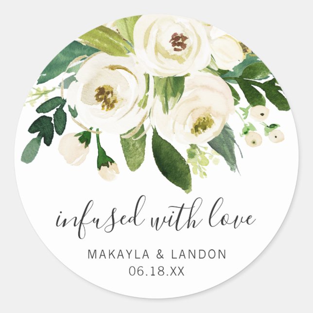 Infused With Love Elegant White Floral Wedding Classic Round Sticker (Front)
