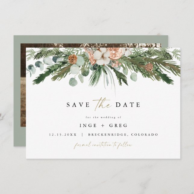 INGE Scandinavian Winter Greenery Save the Date Invitation (Front/Back)