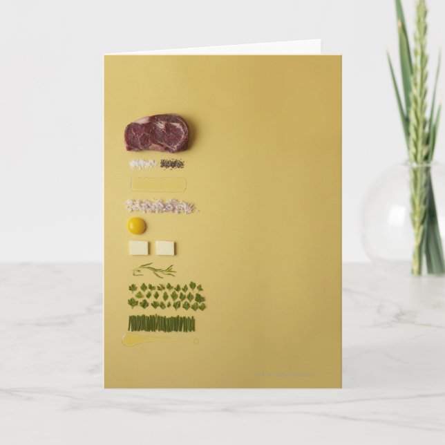 Ingredients for steak tartare on yellow card (Front)