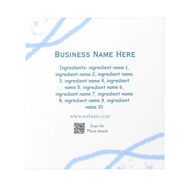 Ingredients name add business name website QR code Notepad (Front)