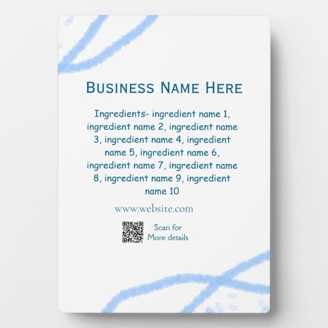 Ingredients name add business name website QR code Plaque (Front)