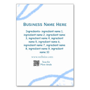 Ingredients name add business name website QR code Table Number