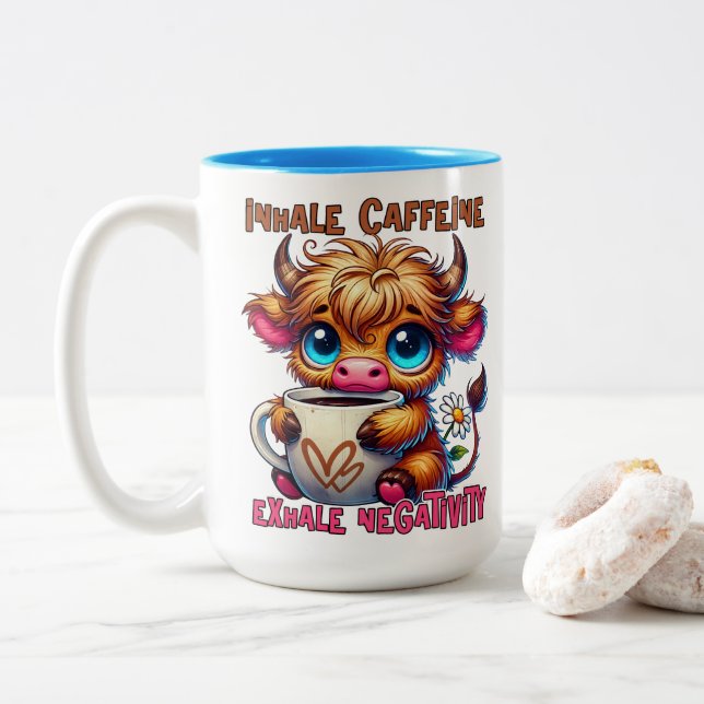Inhale Caffeine Exhale Negativity  Two-Tone Coffee Mug (With Donut)