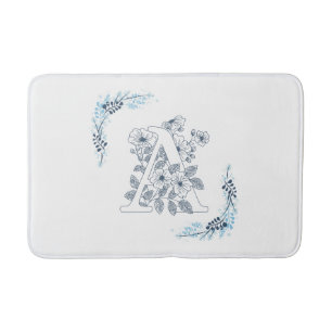 Initial "A" Blue Monogram Calm Floral Bath Mat