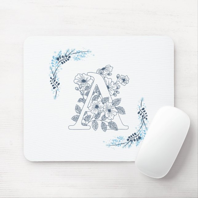 Initial "A" Blue Monogram Calm Floral Mouse Mat (With Mouse)