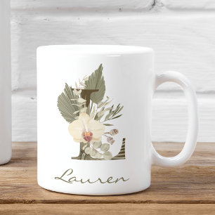 Initial A Boho Floral Orchid Greenery Custom Name Coffee Mug